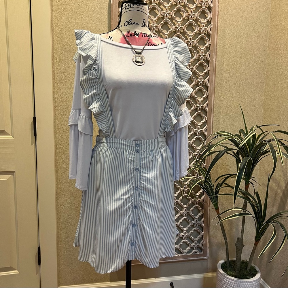 NWT BB Dakota by Steve Madden Striped Blue Ruffle Dress with Suspenders